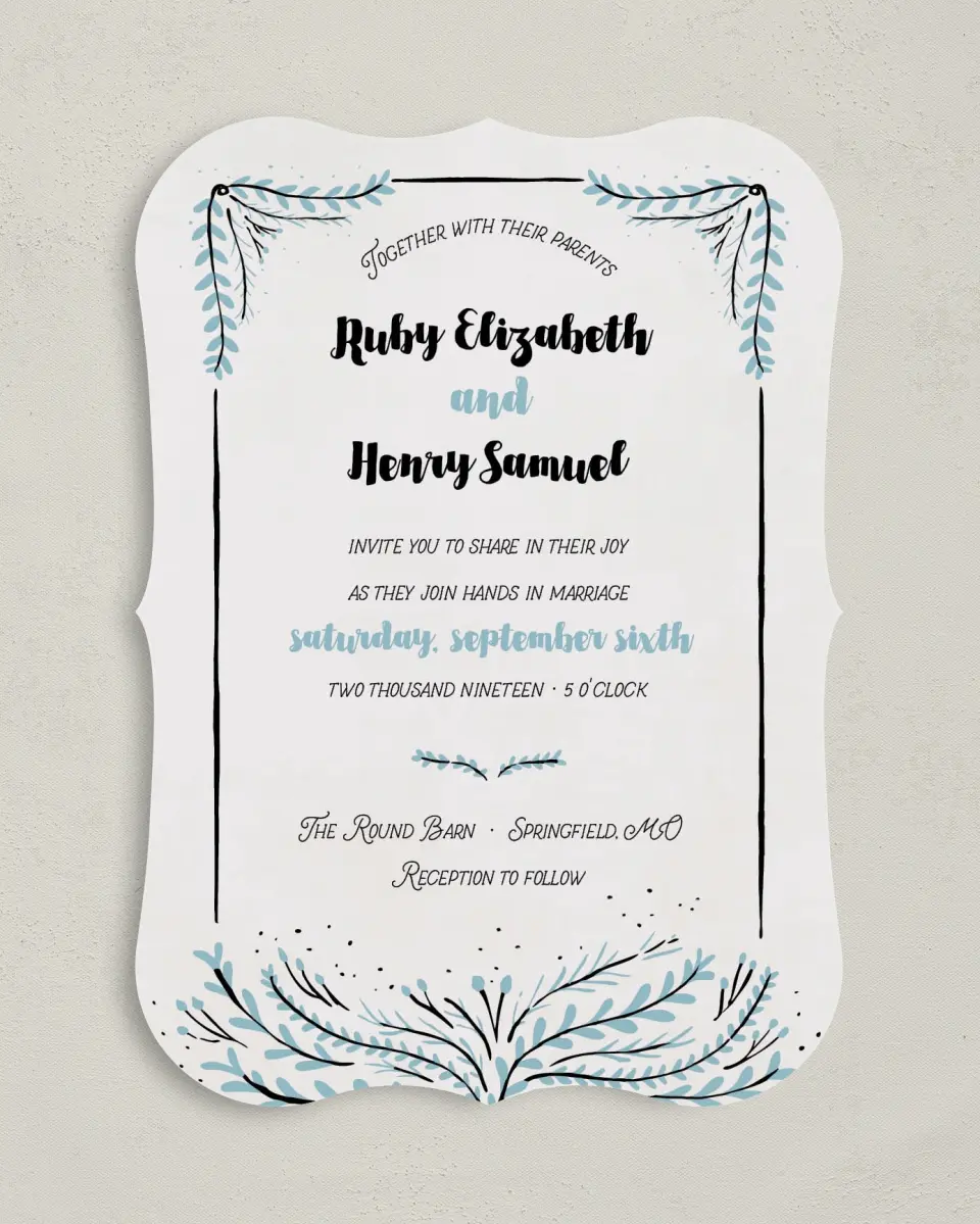 This is a 5" x 7" Bracket Wedding Invitation called Sweet Sentiment printed in full color with Silver foil on Luxe Satin (coated) paper