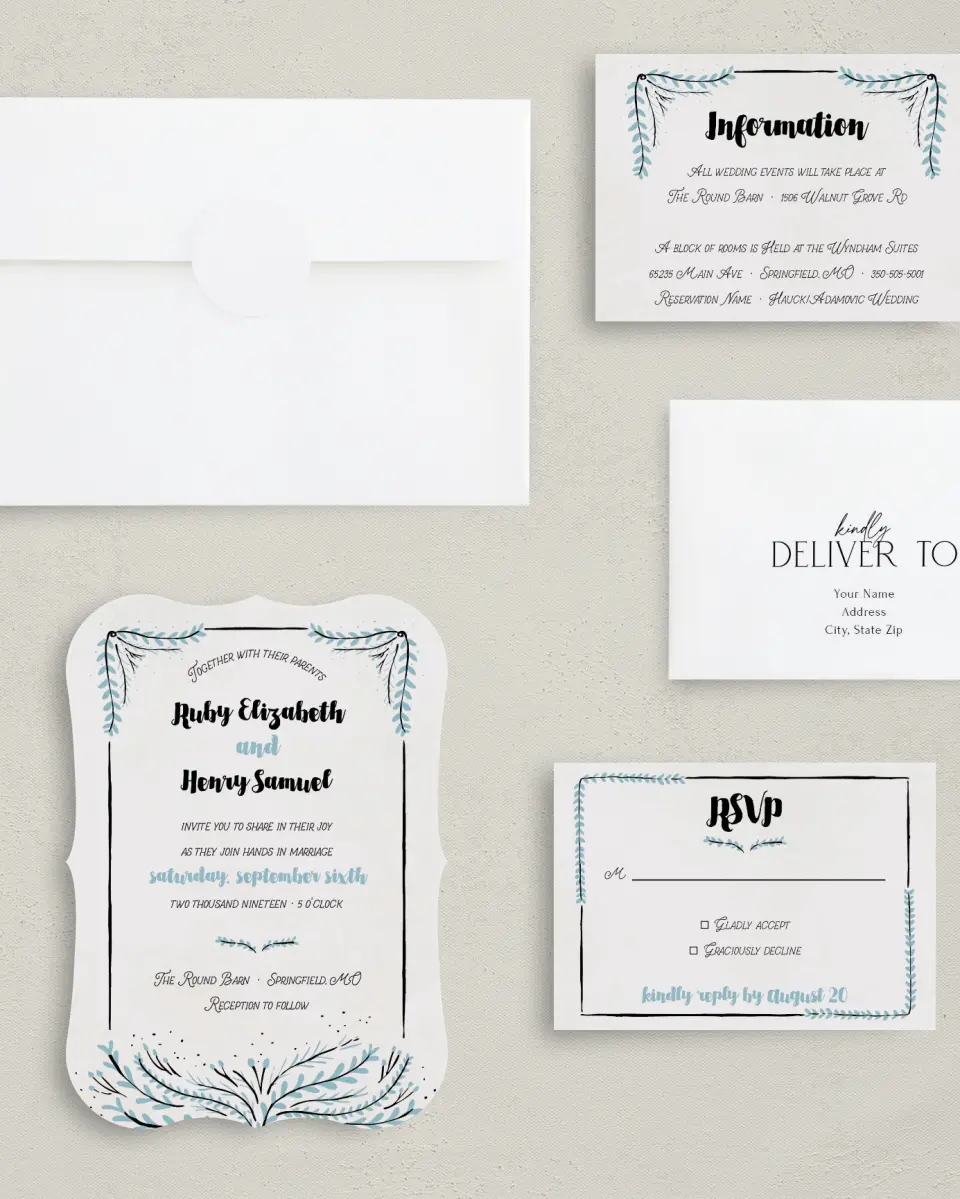 This is a 5" x 7" Bracket Wedding Invitation called Sweet Sentiment printed in full color with Silver foil on Luxe Satin (coated) paper