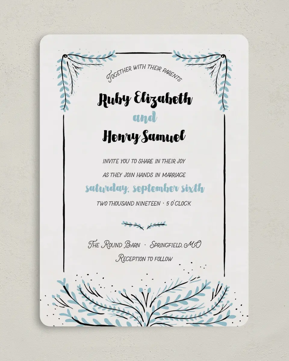 This is a 5" x 7" Rounded Wedding Invitation called Sweet Sentiment printed in full color on Premium Smooth paper