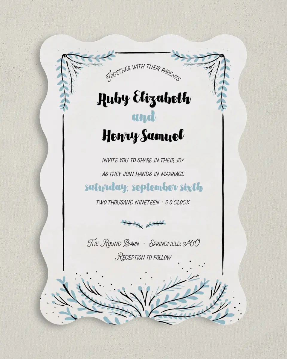 This is a 5" x 7" Wavy Wedding Invitation called Sweet Sentiment printed in full color on Premium Smooth paper