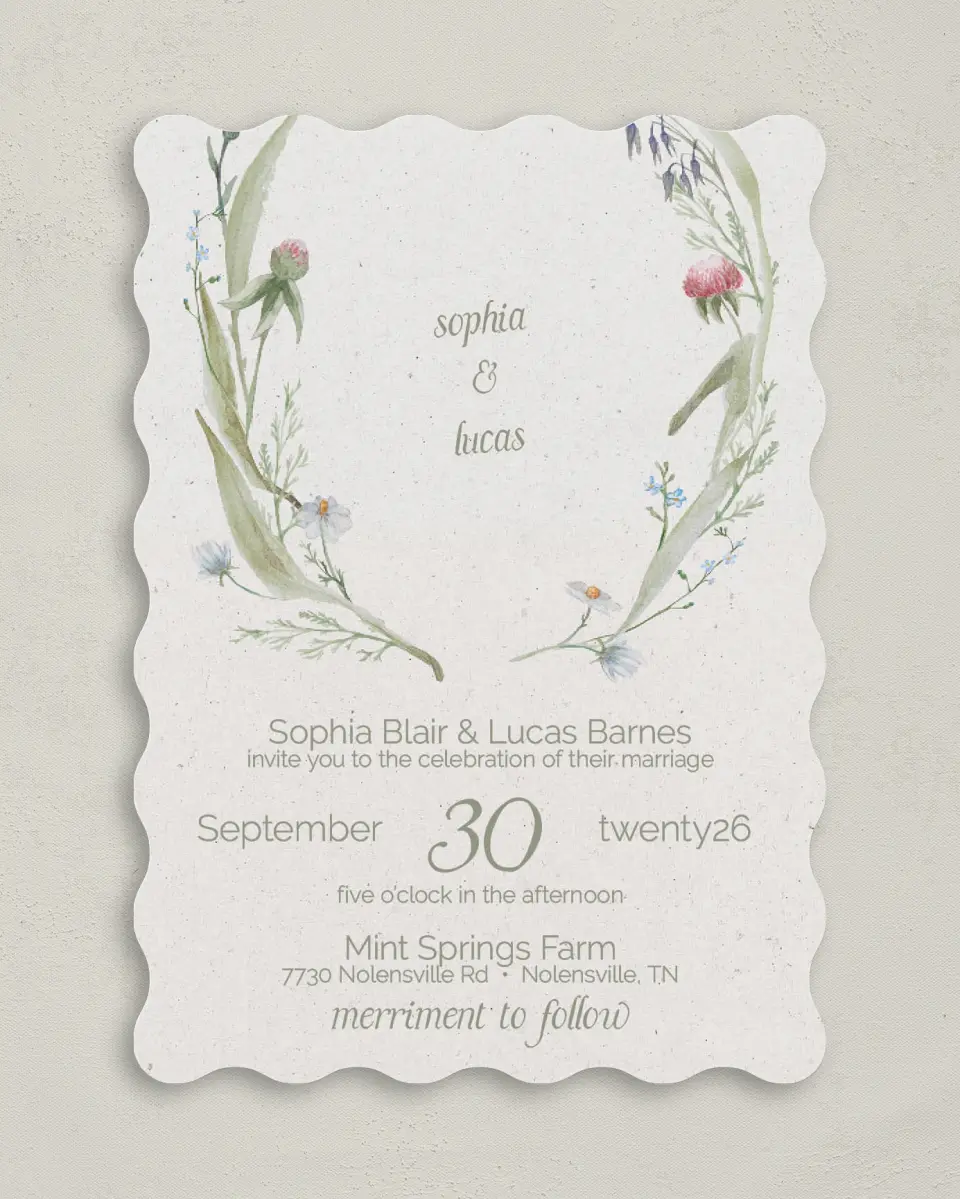 This is a 5" x 7" Wavy Wedding Invitation called Delightful Blooms printed in full color on Premium Smooth paper