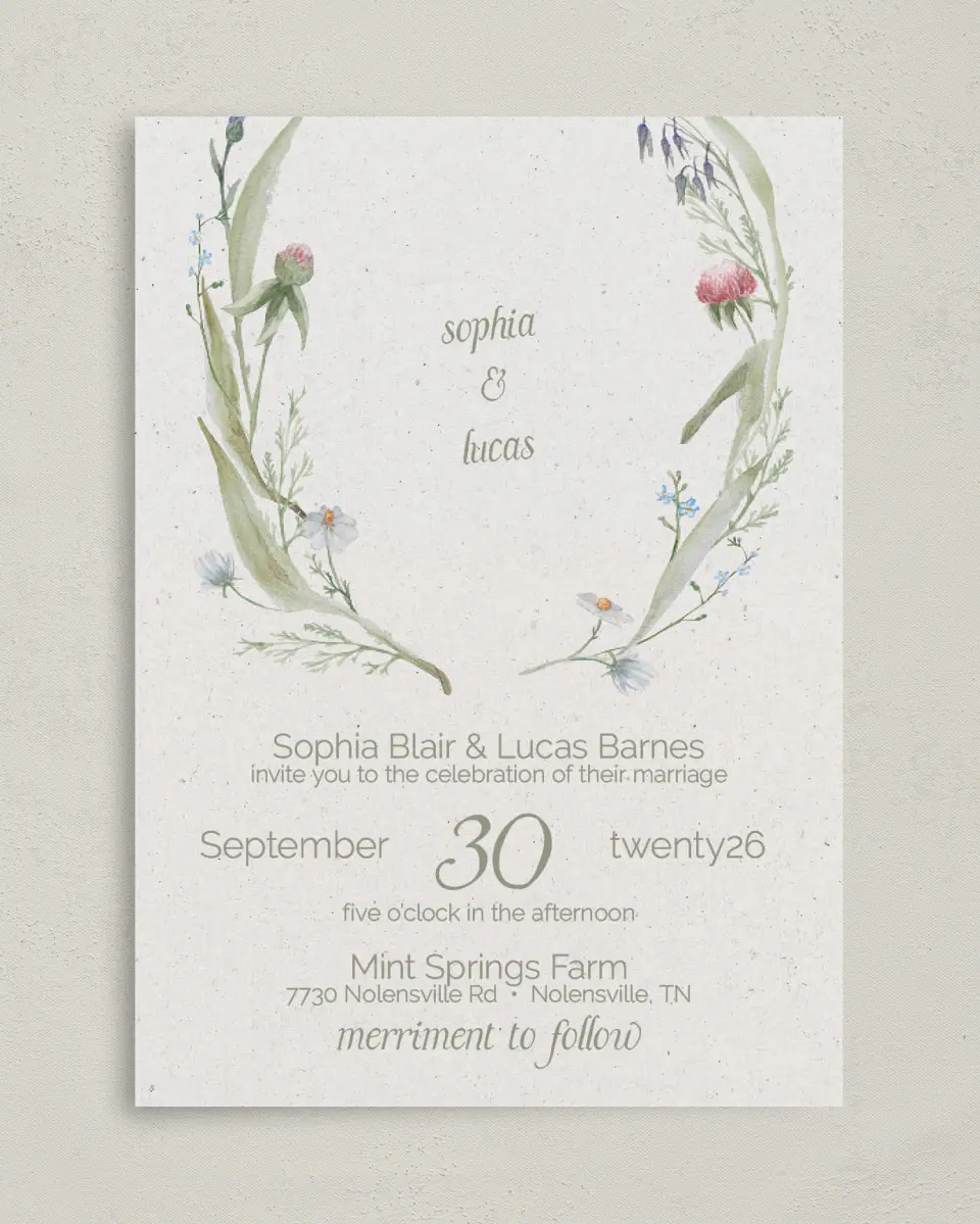 This is a 5" x 7" Classic Wedding Invitation called Delightful Blooms printed in full color on Premium Smooth paper