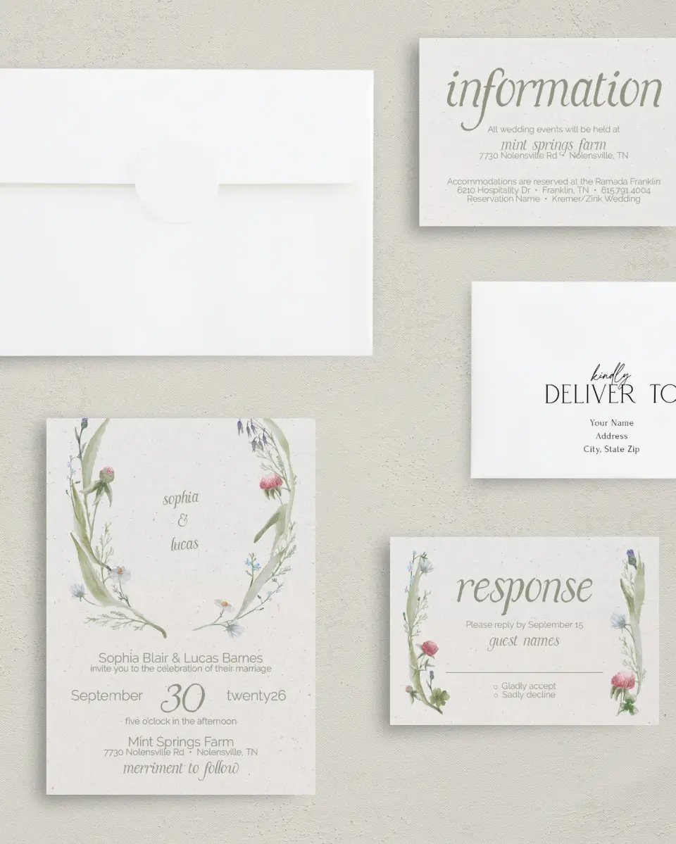 This is a 5" x 7" Classic Wedding Invitation called Delightful Blooms printed in full color on Premium Smooth paper