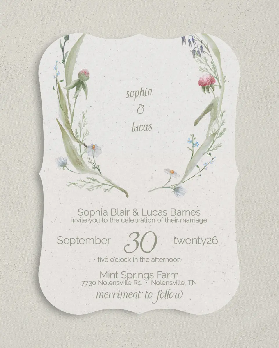 This is a 5" x 7" Bracket Wedding Invitation called Delightful Blooms printed in full color on Premium Smooth paper