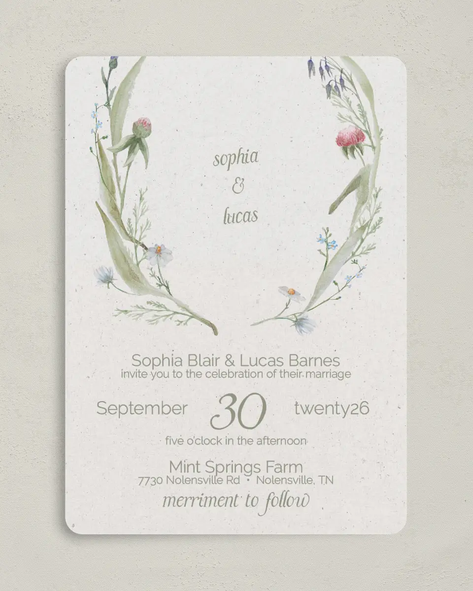 This is a 5" x 7" Rounded Wedding Invitation called Delightful Blooms printed in full color on Premium Smooth paper