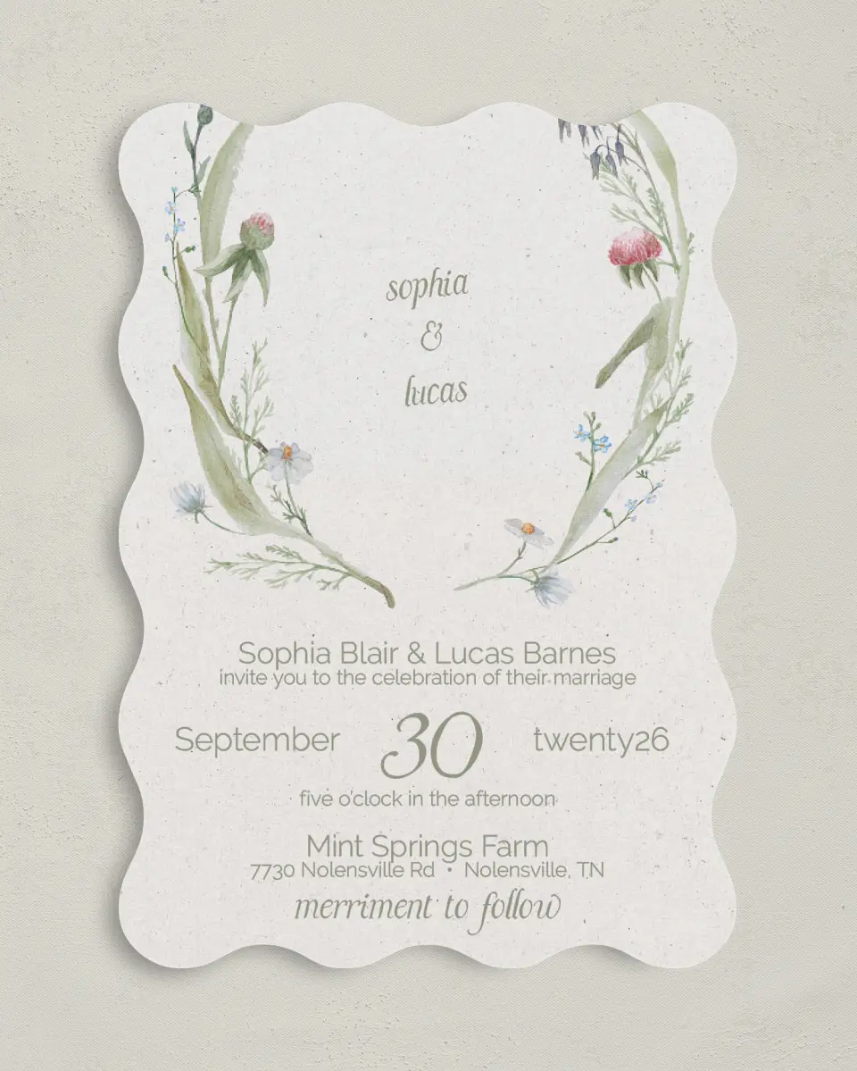 This is a 5" x 7" Wavy Wedding Invitation called Delightful Blooms printed in full color on Premium Smooth paper
