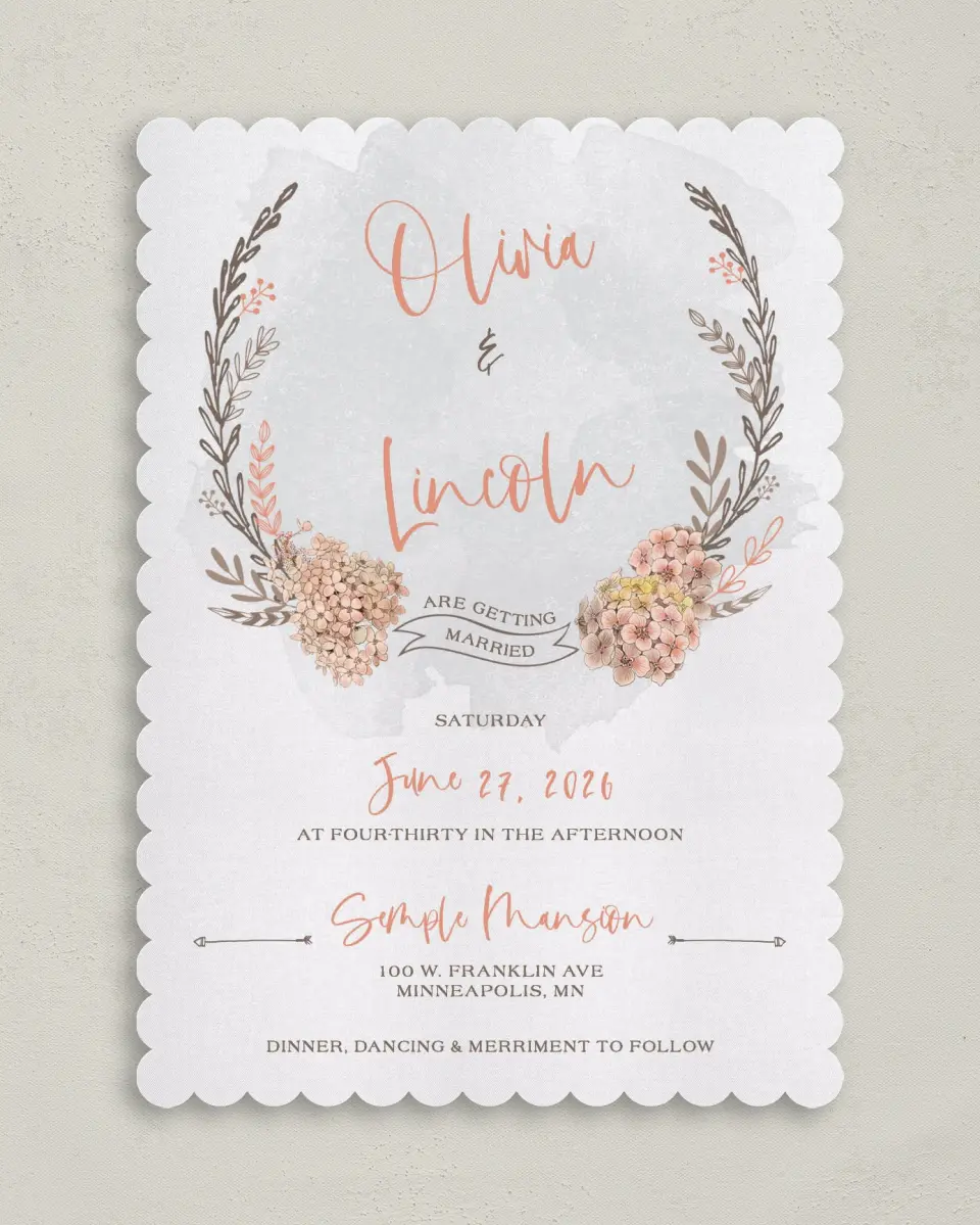 This is a 5" x 7" Classic Wedding Invitation called Delightful Wreath printed in full color on Premium Smooth paper