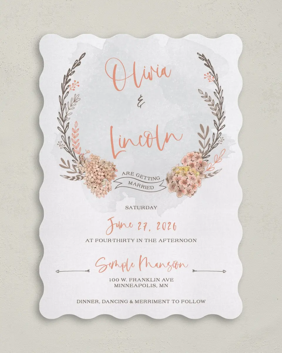This is a 5" x 7" Wavy Wedding Invitation called Delightful Wreath printed in full color on Premium Smooth paper
