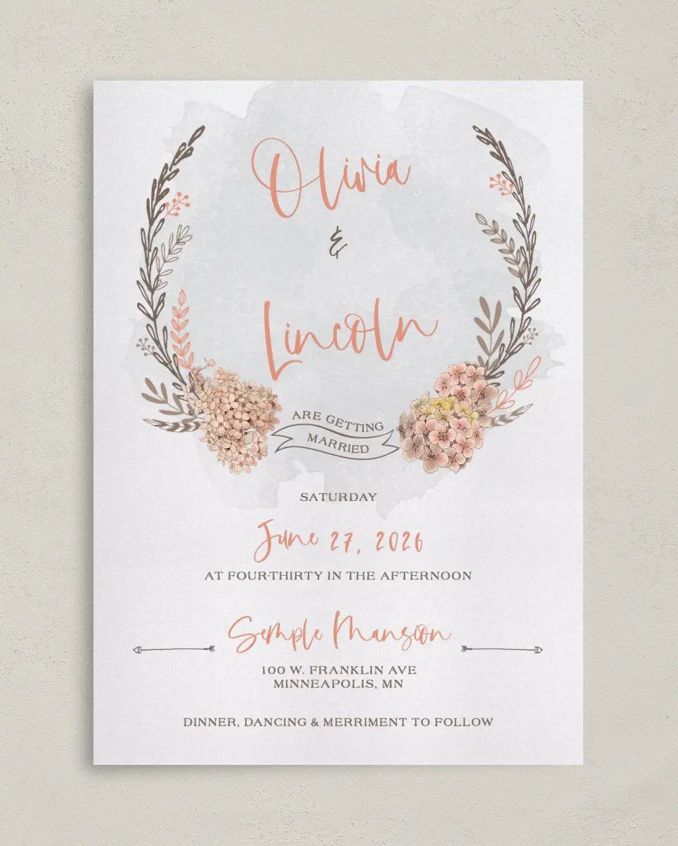 This is a 5" x 7" Classic Wedding Invitation called Delightful Wreath printed in full color on Premium Smooth paper