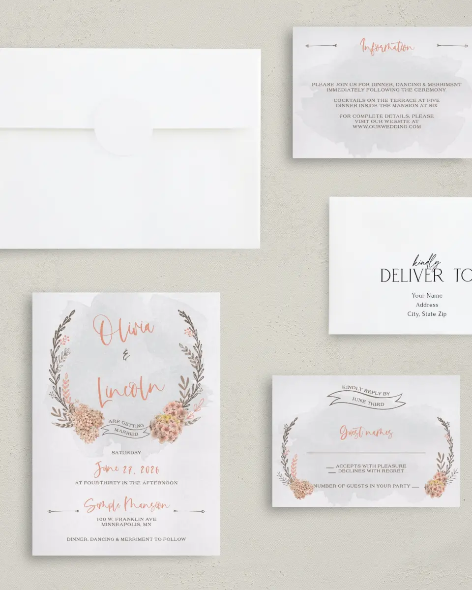This is a 5" x 7" Classic Wedding Invitation called Delightful Wreath printed in full color on Premium Smooth paper