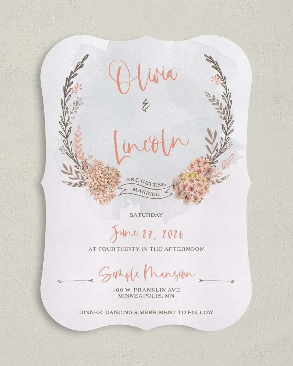 This is a 5" x 7" Bracket Wedding Invitation called Delightful Wreath printed in full color on Premium Smooth paper