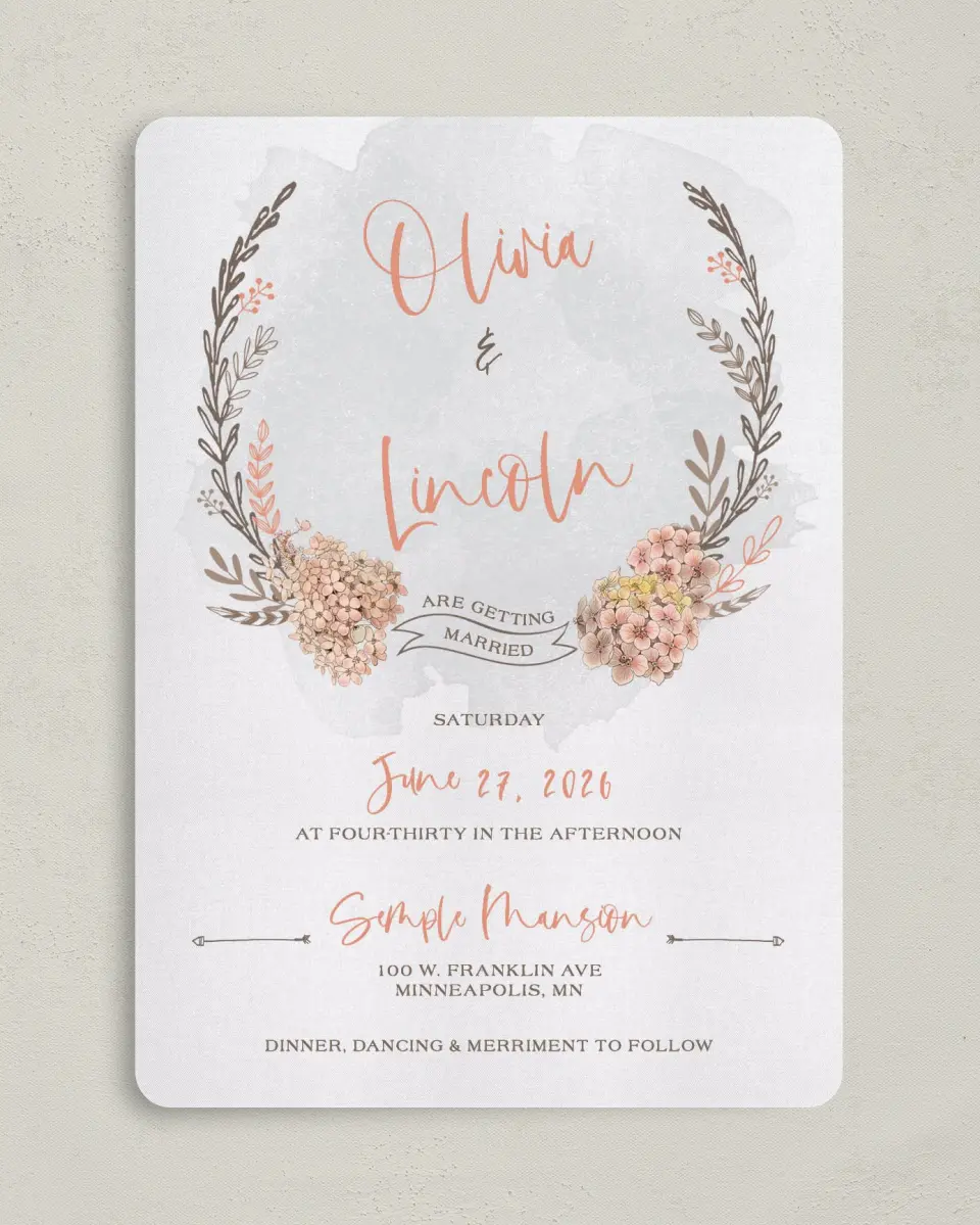 This is a 5" x 7" Rounded Wedding Invitation called Delightful Wreath printed in full color on Premium Smooth paper
