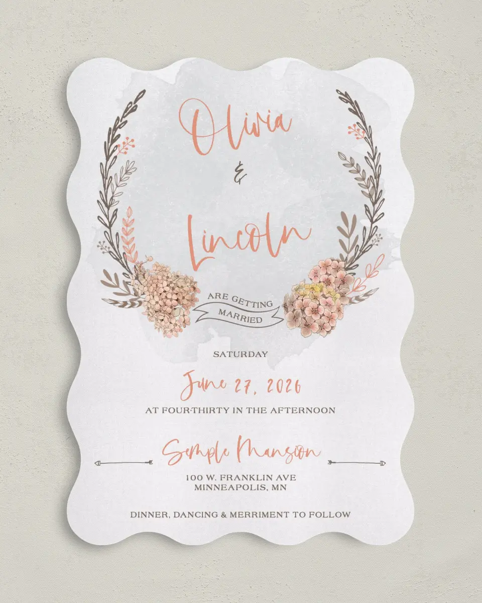 This is a 5" x 7" Wavy Wedding Invitation called Delightful Wreath printed in full color on Premium Smooth paper