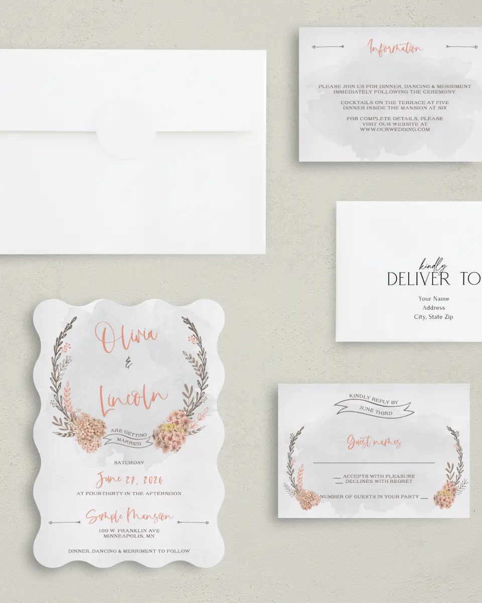 This is a 5" x 7" Wavy Wedding Invitation called Delightful Wreath printed in full color with Gold foil on Luxe Satin (coated) paper