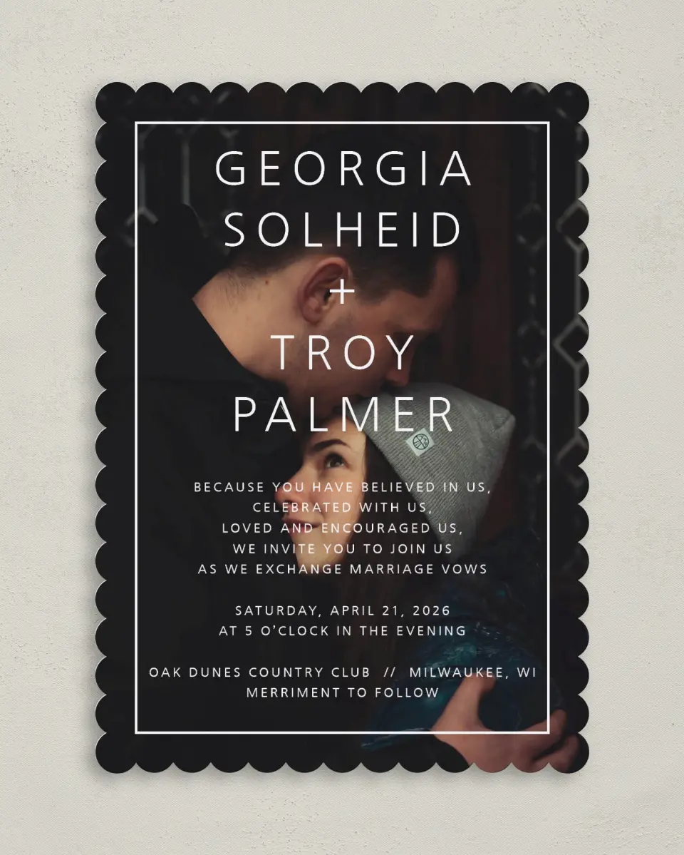 This is a 5" x 7" Classic Wedding Invitation called Boldly in Love printed in full color on Premium Smooth paper