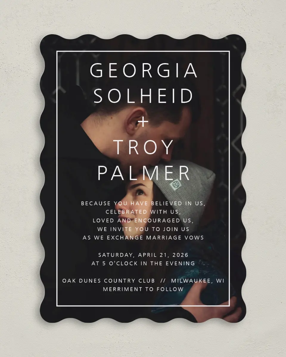 This is a 5" x 7" Wavy Wedding Invitation called Boldly in Love printed in full color on Premium Smooth paper