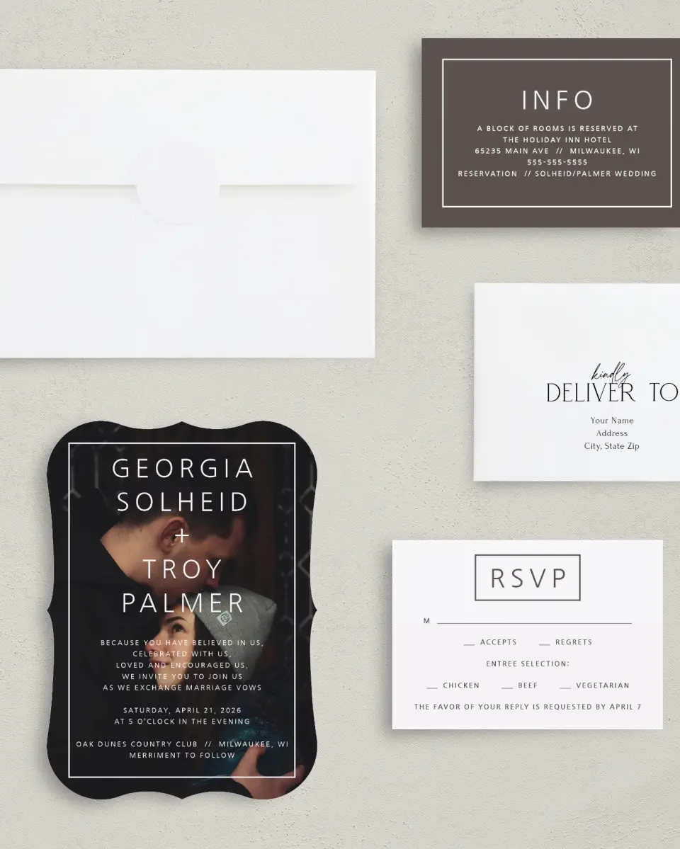This is a 5" x 7" Bracket Wedding Invitation called Boldly in Love printed in full color with Silver foil on Luxe Satin (coated) paper