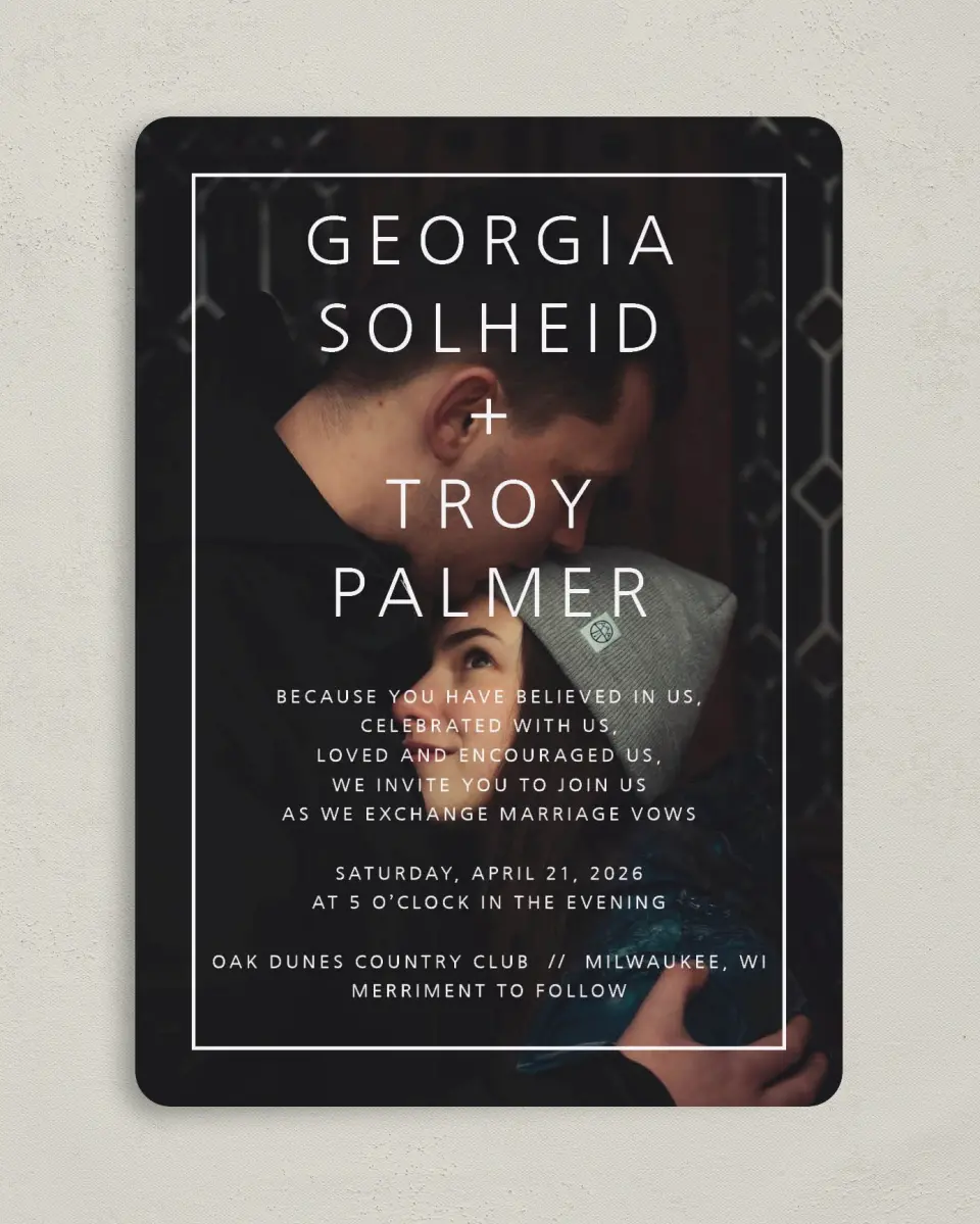 This is a 5" x 7" Rounded Wedding Invitation called Boldly in Love printed in full color on Premium Smooth paper