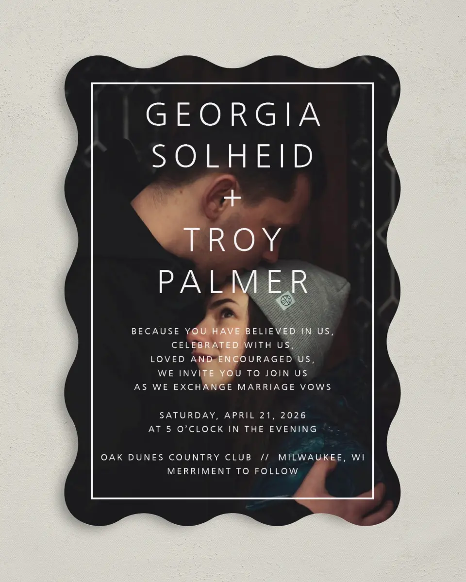 This is a 5" x 7" Wavy Wedding Invitation called Boldly in Love printed in full color on Premium Smooth paper