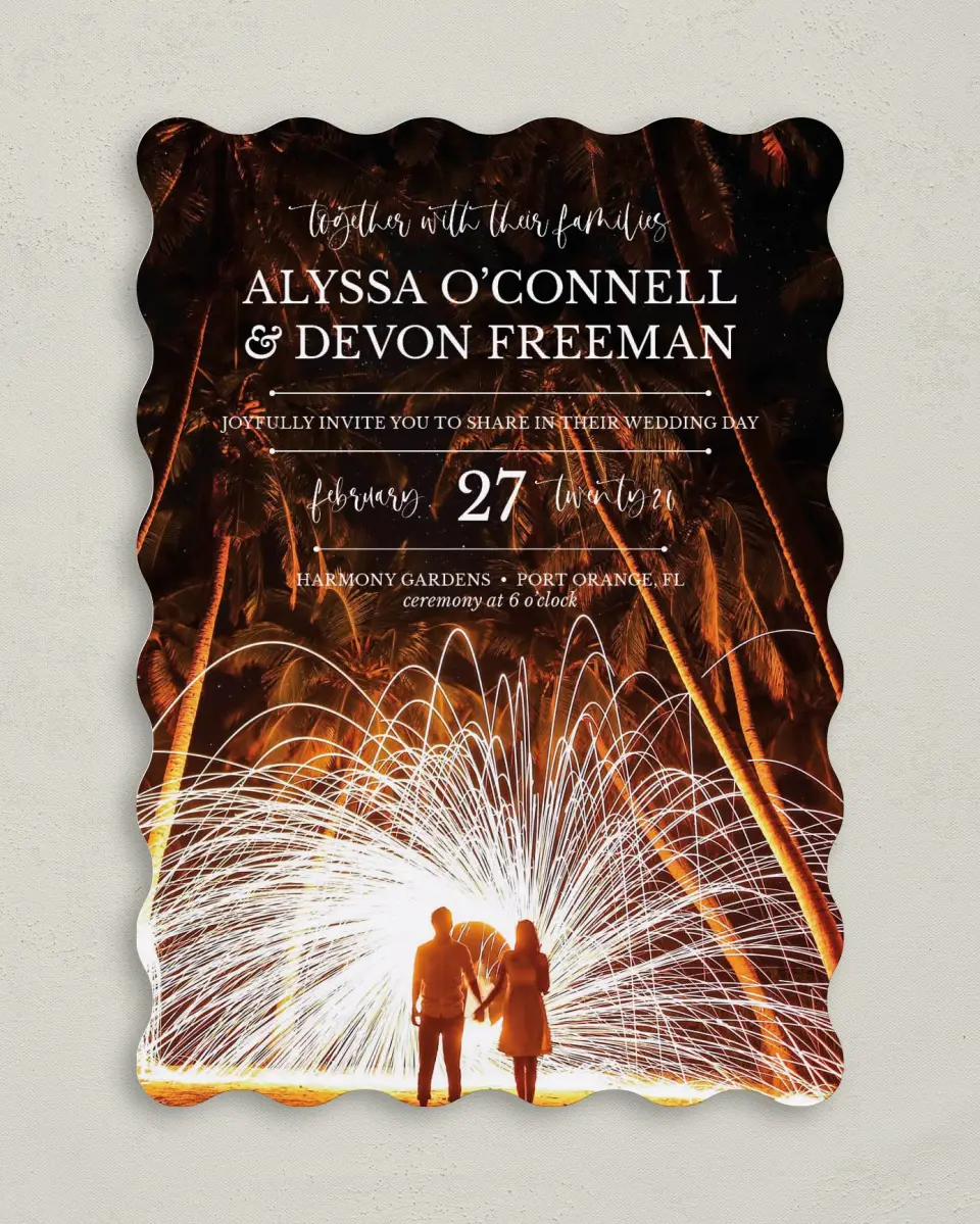 This is a 5" x 7" Wavy Wedding Invitation called True Fairytale printed in full color on Premium Smooth paper