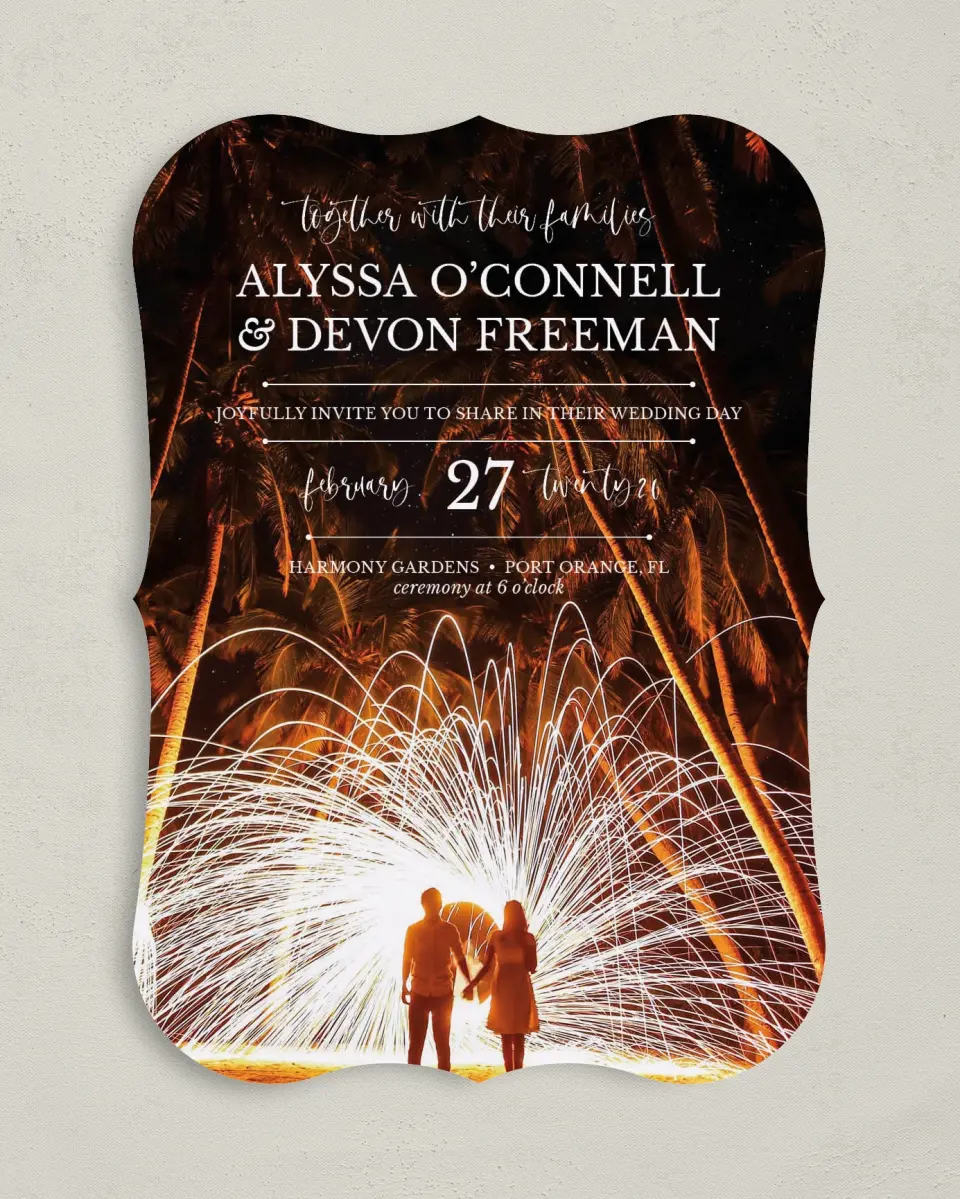 This is a 5" x 7" Bracket Wedding Invitation called True Fairytale printed in full color on Premium Smooth paper