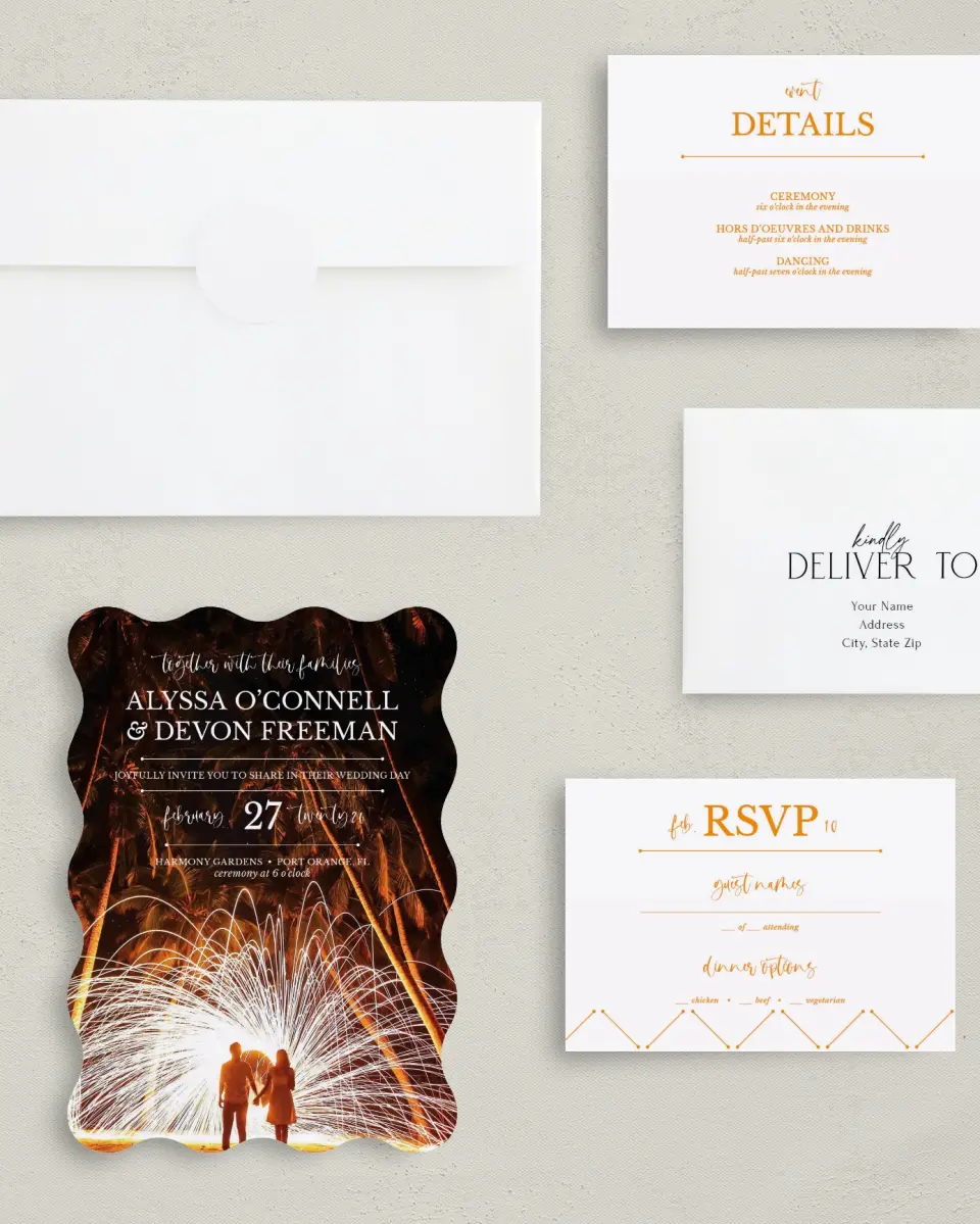 This is a 5" x 7" Wavy Wedding Invitation called True Fairytale printed in full color with Gold foil on Luxe Satin (coated) paper