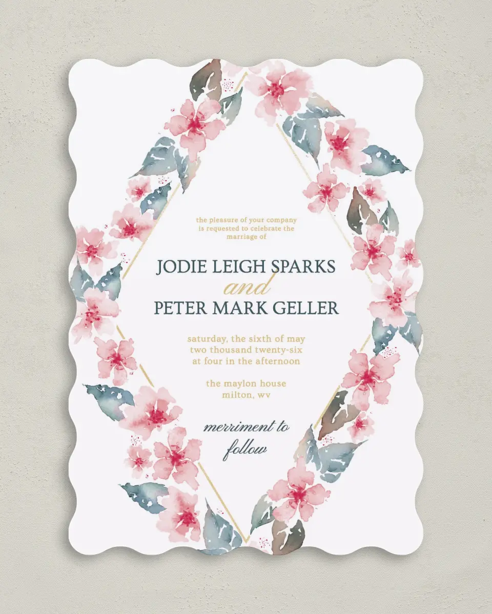 This is a 5" x 7" Wavy Wedding Invitation called Blushing Diamond printed in full color on Premium Smooth paper