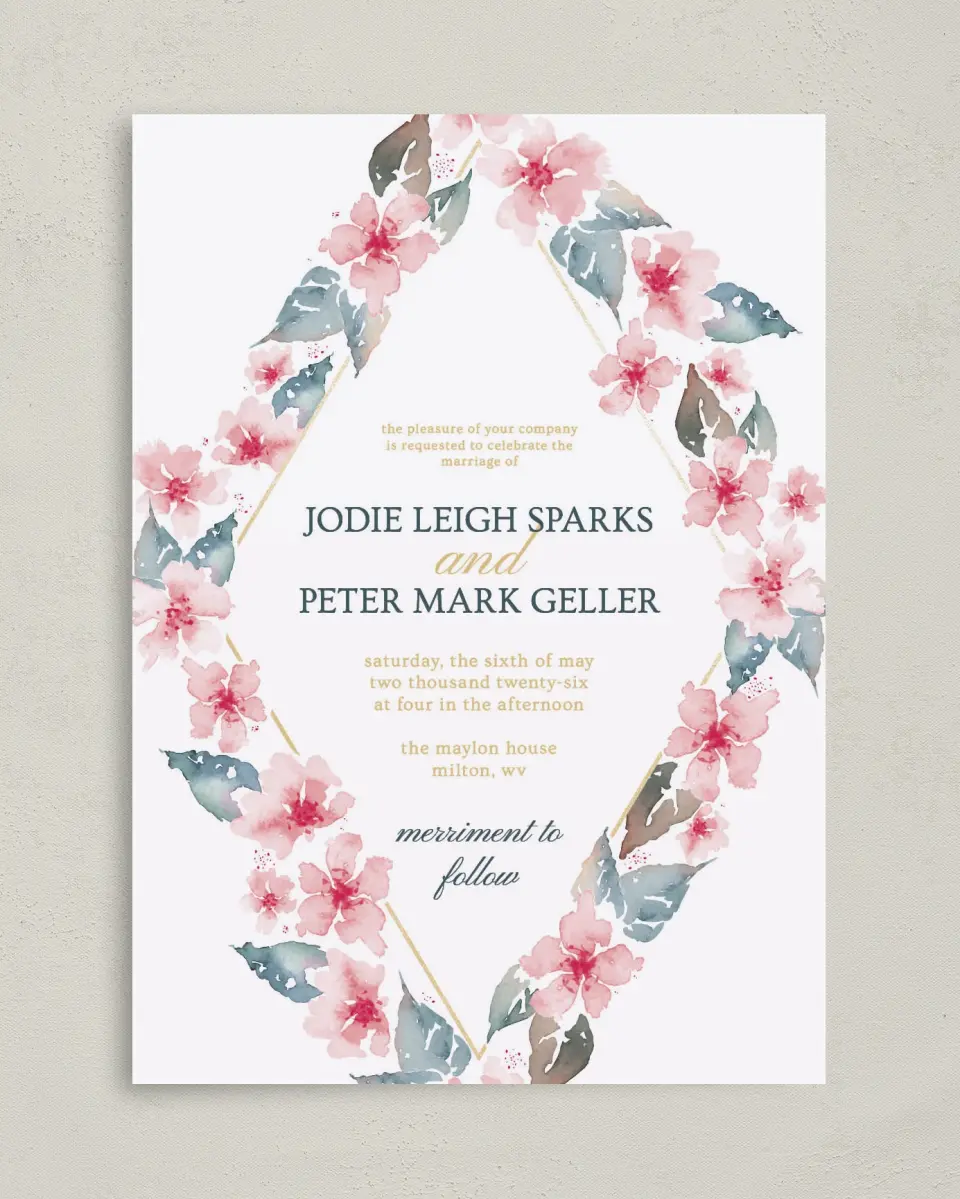This is a 5" x 7" Classic Wedding Invitation called Blushing Diamond printed in full color on Premium Smooth paper