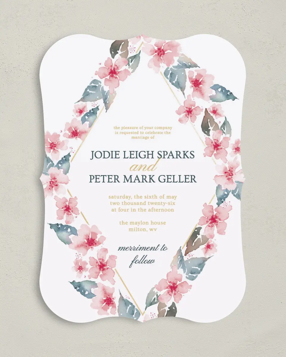 This is a 5" x 7" Bracket Wedding Invitation called Blushing Diamond printed in full color on Premium Smooth paper