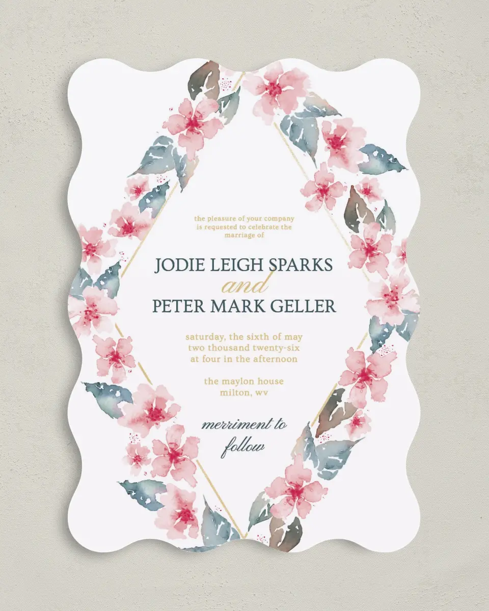 This is a 5" x 7" Wavy Wedding Invitation called Blushing Diamond printed in full color with Gold foil on Luxe Satin (coated) paper
