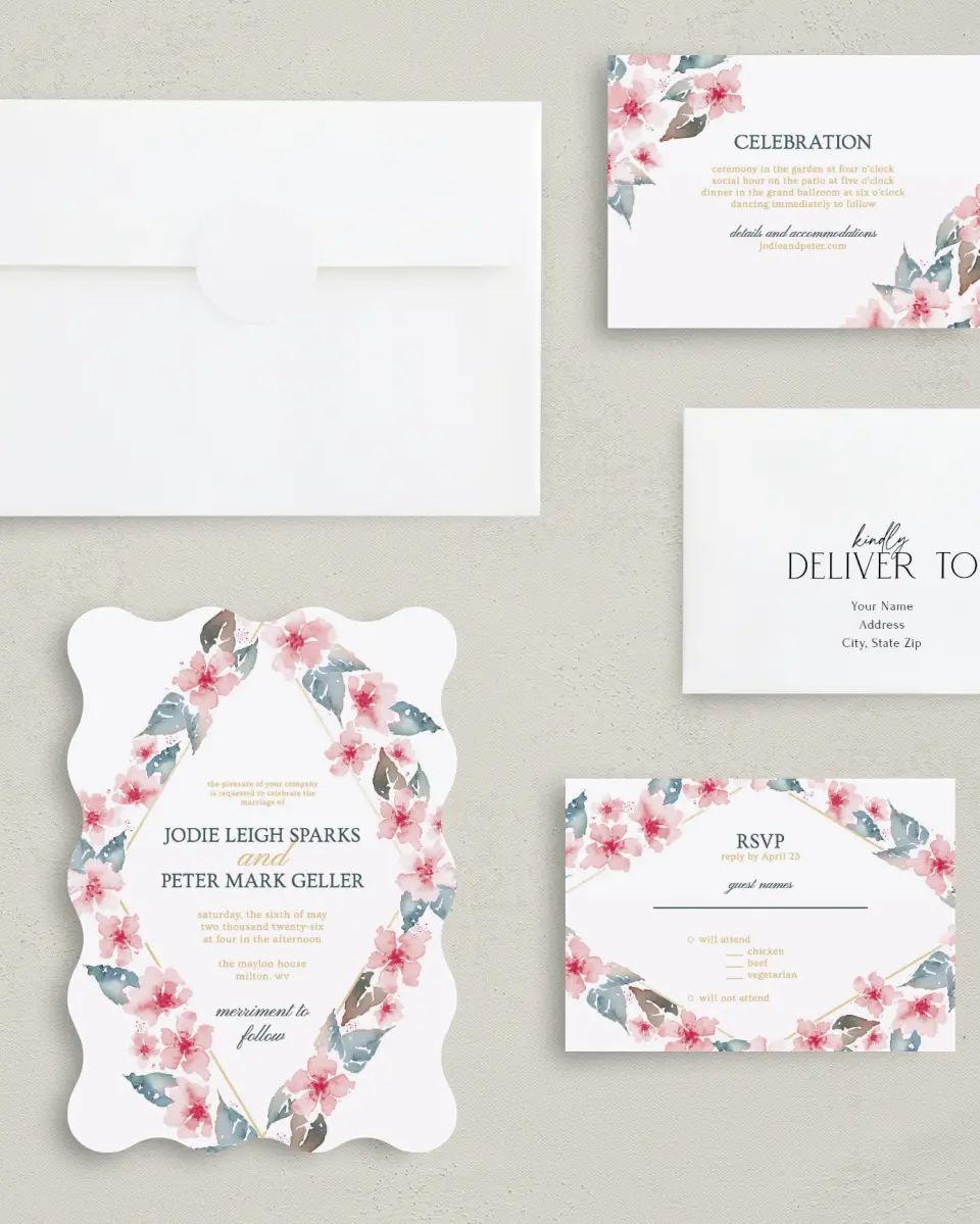 This is a 5" x 7" Wavy Wedding Invitation called Blushing Diamond printed in full color with Gold foil on Luxe Satin (coated) paper