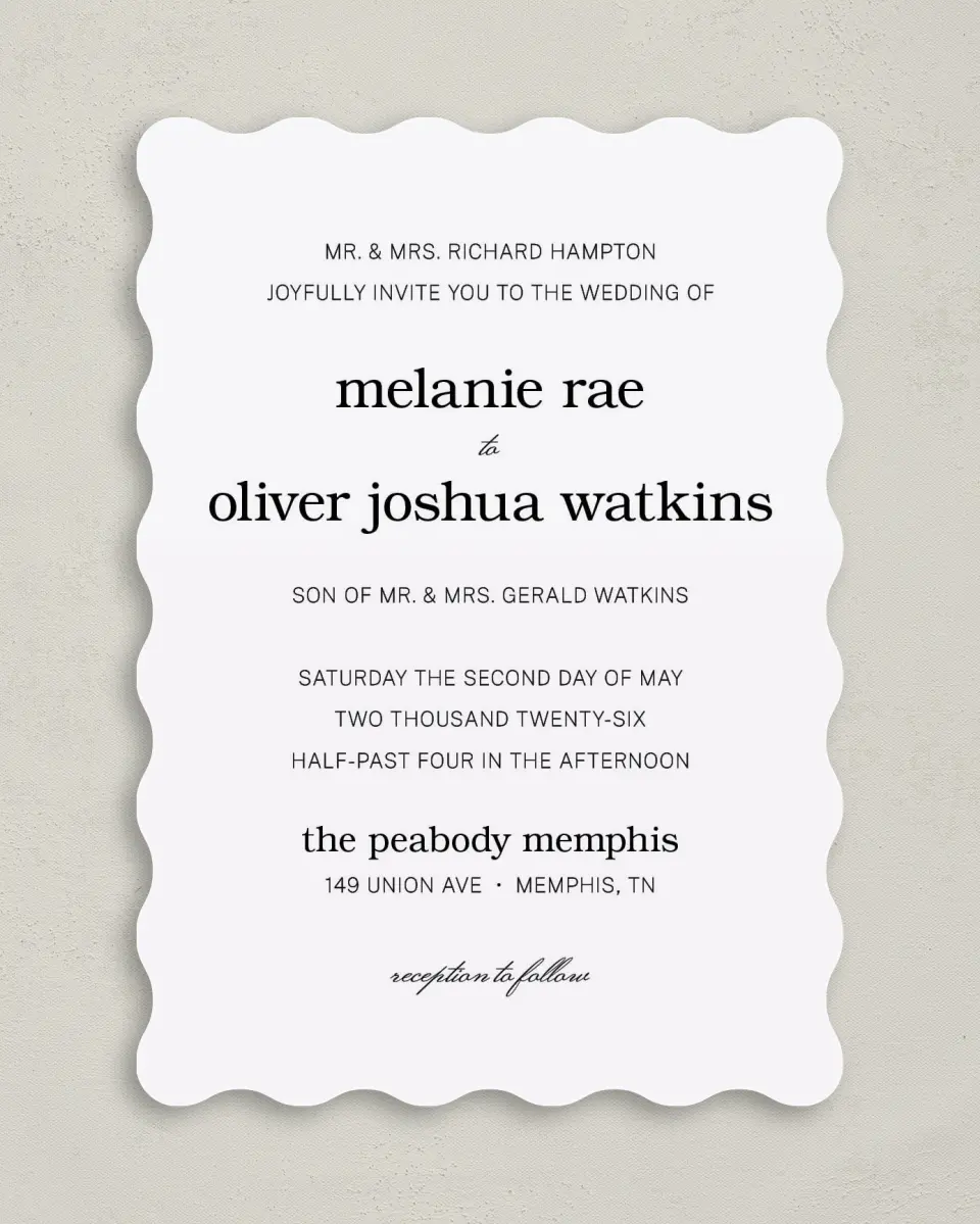 This is a 5" x 7" Wavy Wedding Invitation called Simply Pristine printed in full color on Premium Smooth paper
