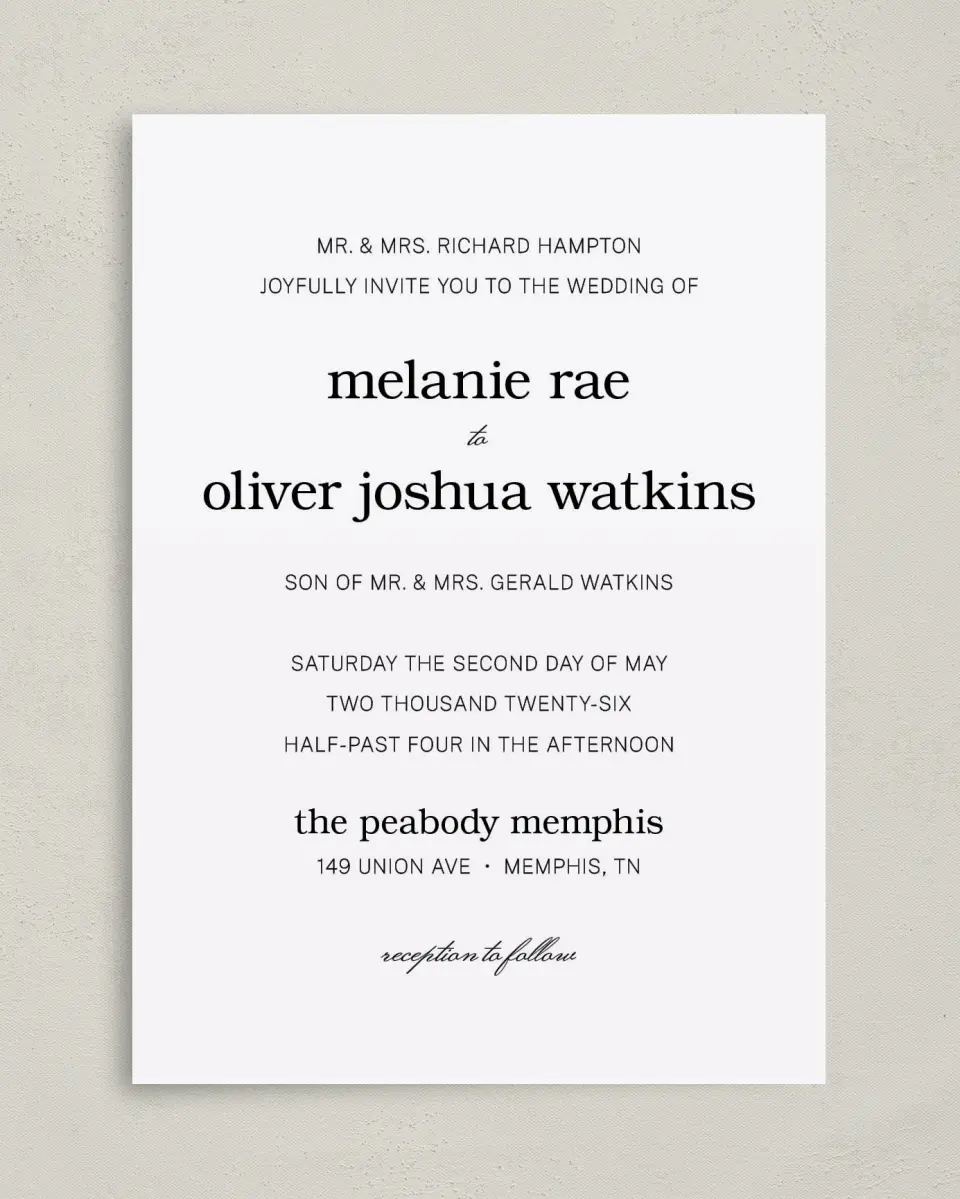 This is a 5" x 7" Classic Wedding Invitation called Simply Pristine printed in full color on Premium Smooth paper