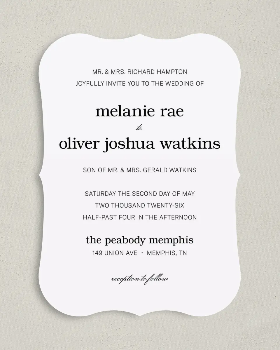 This is a 5" x 7" Bracket Wedding Invitation called Simply Pristine printed in full color on Premium Smooth paper