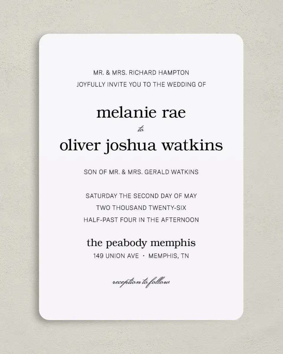 This is a 5" x 7" Rounded Wedding Invitation called Simply Pristine printed in full color on Premium Smooth paper
