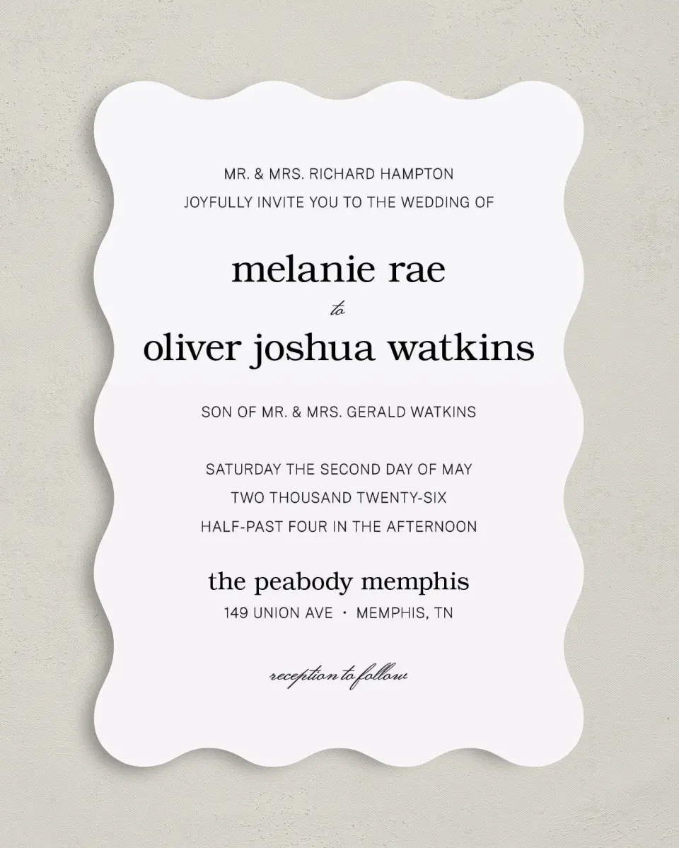 This is a 5" x 7" Wavy Wedding Invitation called Simply Pristine printed in full color on Premium Smooth paper
