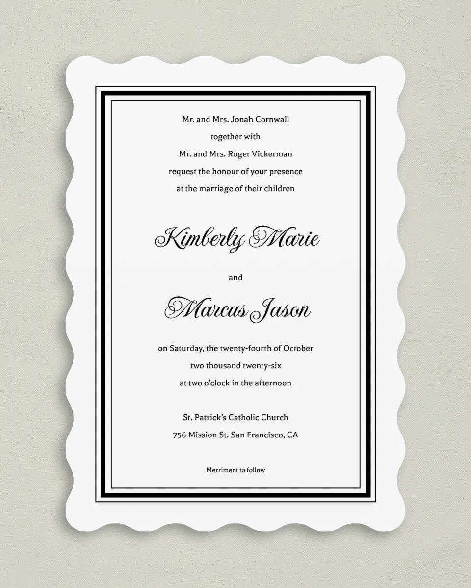 This is a 5" x 7" Wavy Wedding Invitation called Foremost Formal printed in full color on Premium Smooth paper