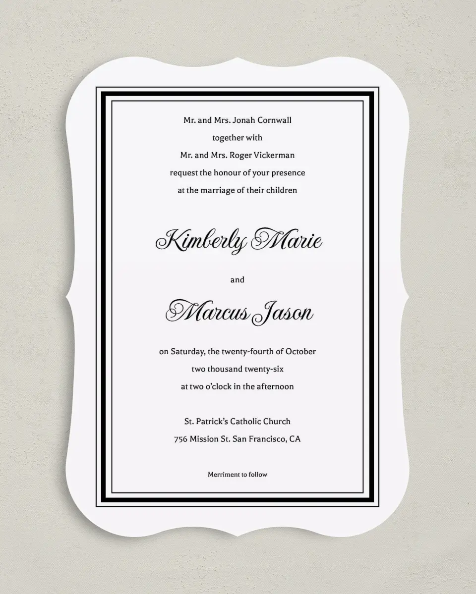 This is a 5" x 7" Bracket Wedding Invitation called Foremost Formal printed in full color with Silver foil on Luxe Satin (coated) paper