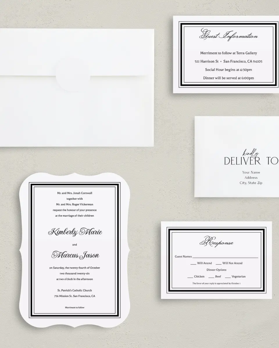 This is a 5" x 7" Bracket Wedding Invitation called Foremost Formal printed in full color with Silver foil on Luxe Satin (coated) paper