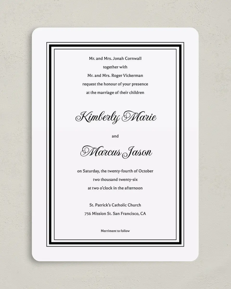 This is a 5" x 7" Rounded Wedding Invitation called Foremost Formal printed in full color on Premium Smooth paper