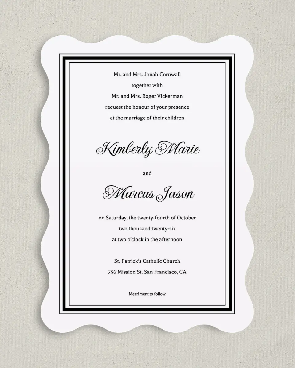 This is a 5" x 7" Wavy Wedding Invitation called Foremost Formal printed in full color on Premium Smooth paper