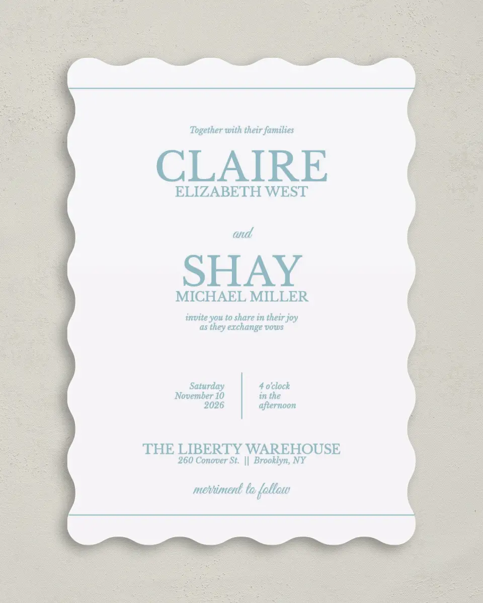 This is a 5" x 7" Wavy Wedding Invitation called Blissful Marble printed in full color on Premium Smooth paper