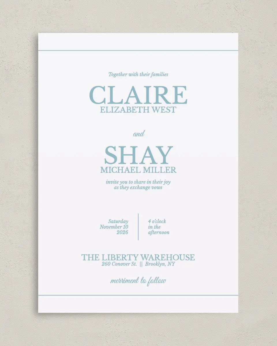 This is a 5" x 7" Classic Wedding Invitation called Blissful Marble printed in full color with Gold foil on Luxe Satin (coated) paper