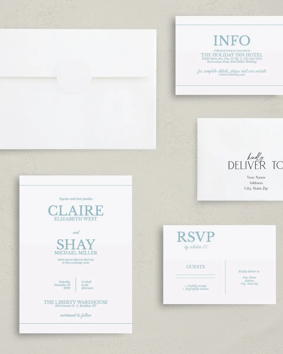 This is a 5" x 7" Classic Wedding Invitation called Blissful Marble printed in full color with Gold foil on Luxe Satin (coated) paper