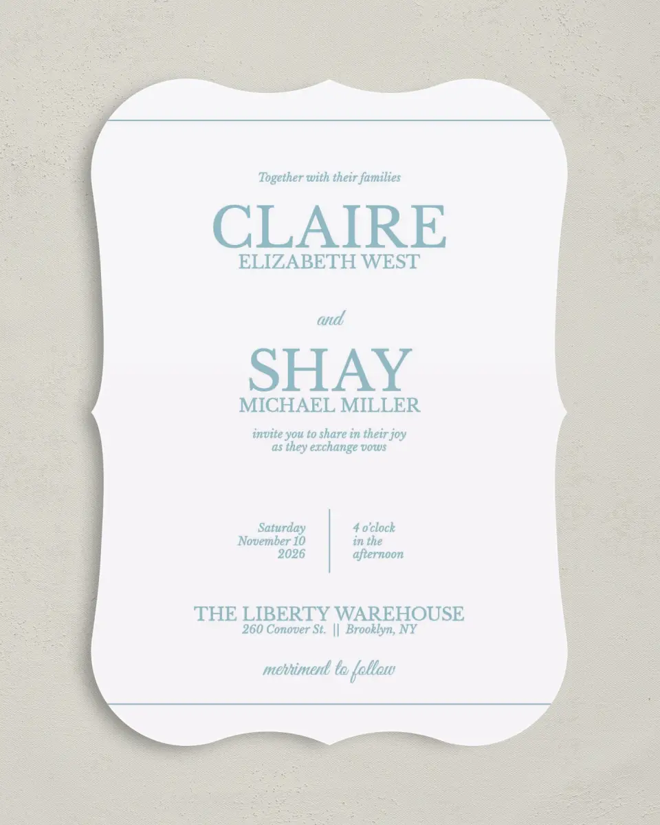 This is a 5" x 7" Bracket Wedding Invitation called Blissful Marble printed in full color with Silver foil on Luxe Satin (coated) paper