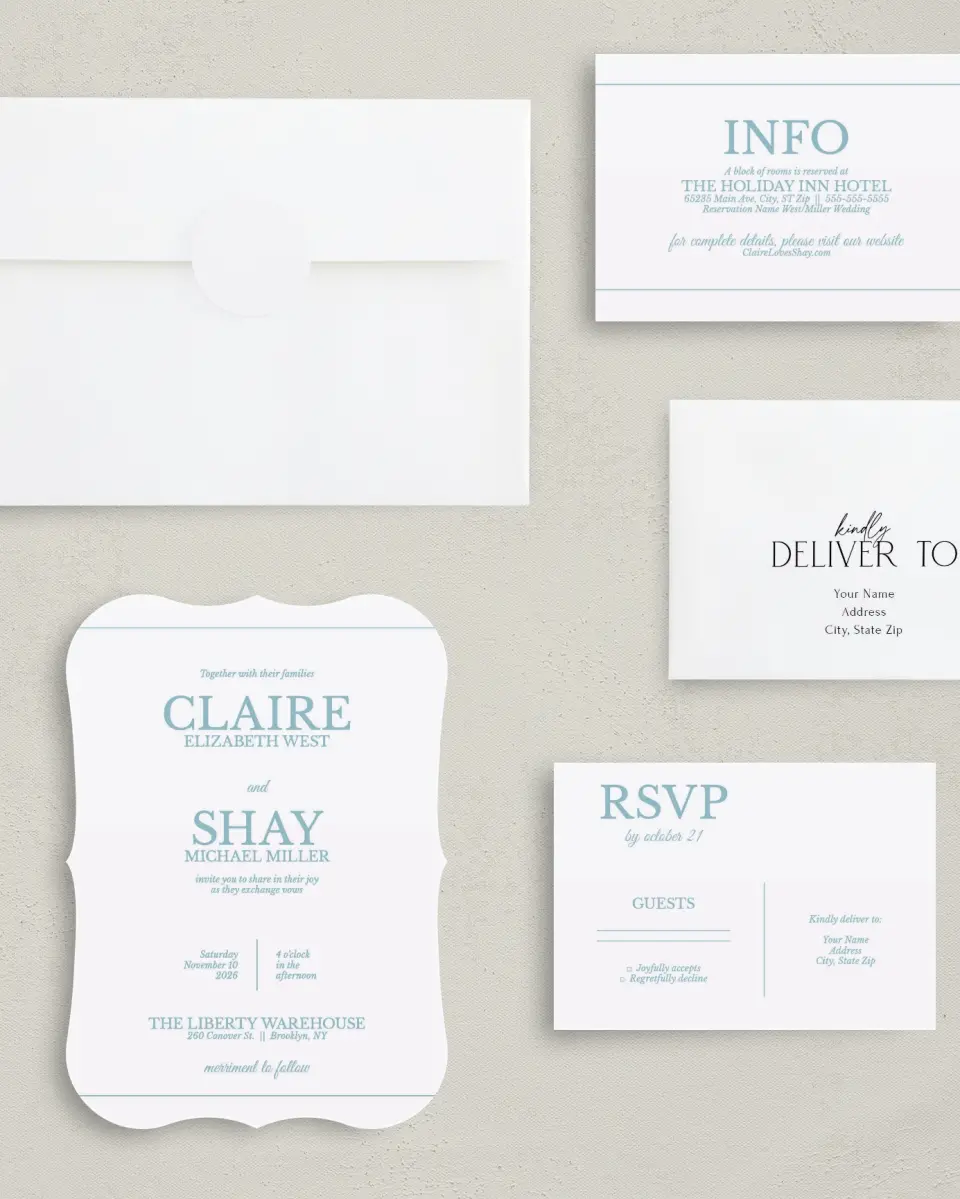 This is a 5" x 7" Bracket Wedding Invitation called Blissful Marble printed in full color with Silver foil on Luxe Satin (coated) paper