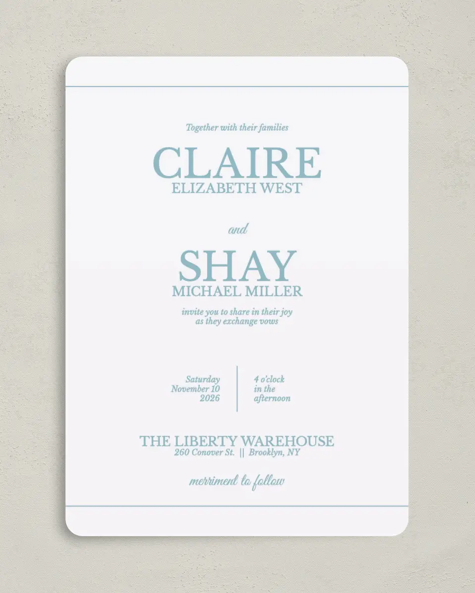 This is a 5" x 7" Rounded Wedding Invitation called Blissful Marble printed in full color on Premium Smooth paper