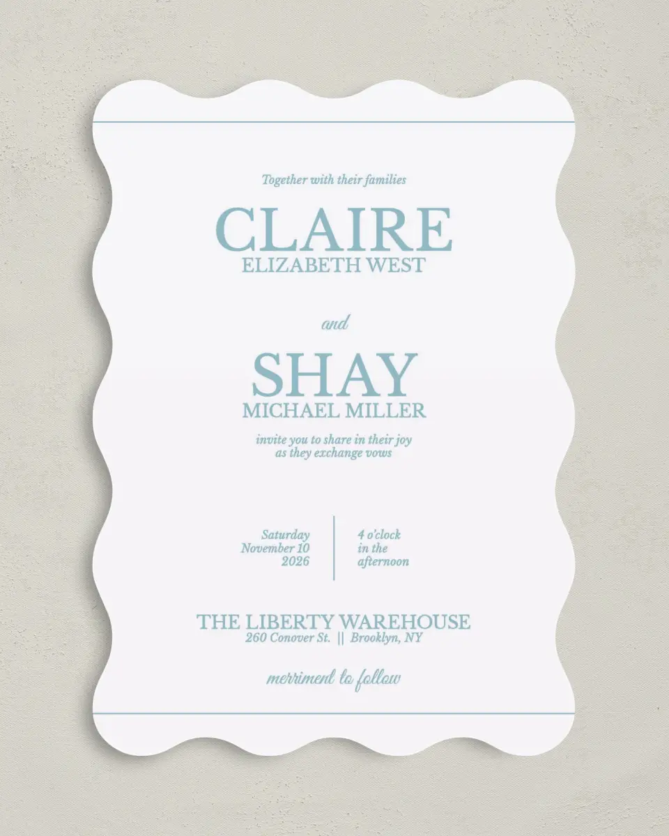This is a 5" x 7" Wavy Wedding Invitation called Blissful Marble printed in full color on Premium Smooth paper