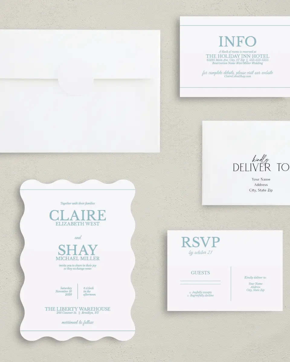 This is a 5" x 7" Wavy Wedding Invitation called Blissful Marble printed in full color with Gold foil on Luxe Satin (coated) paper
