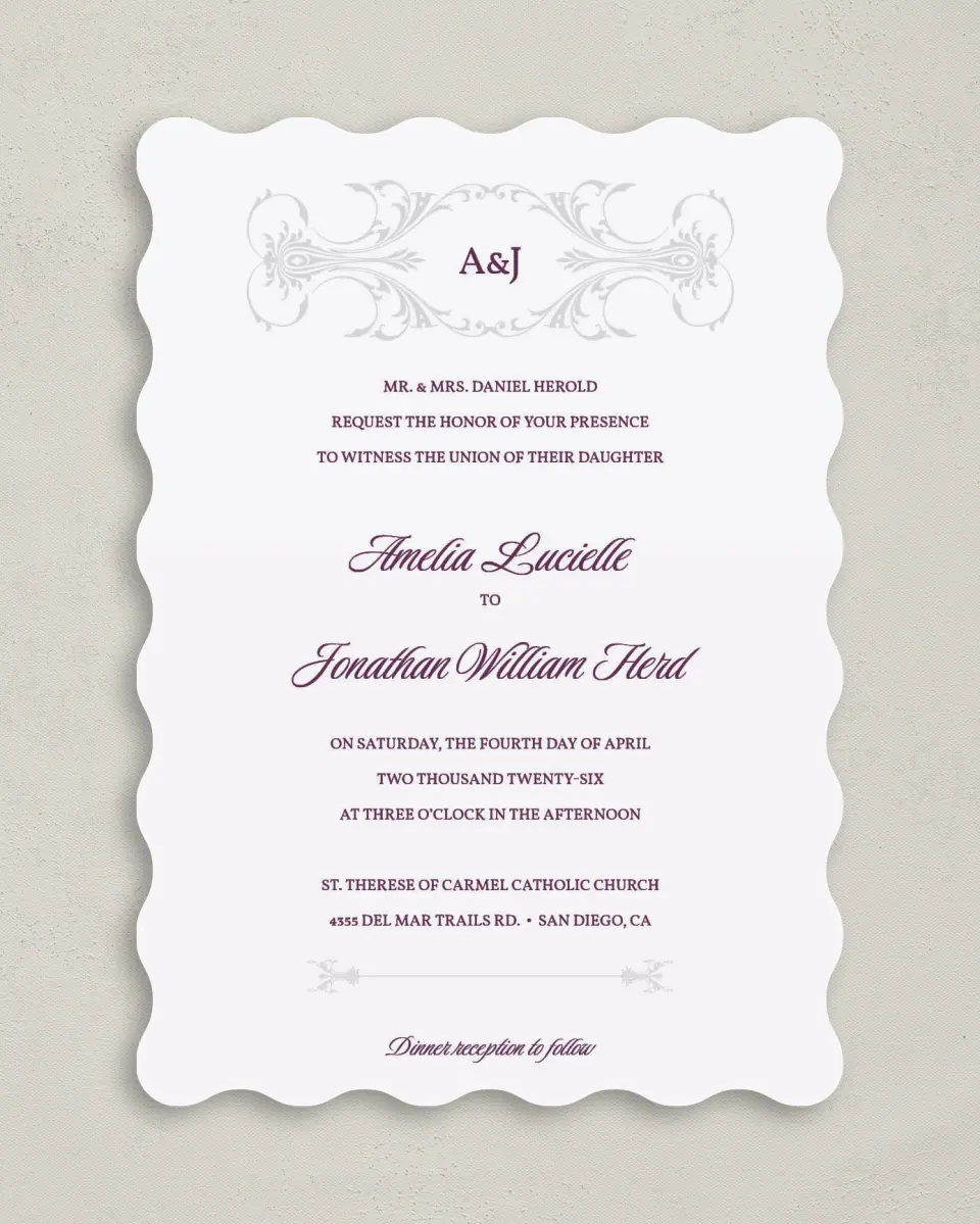 This is a 5" x 7" Wavy Wedding Invitation called Stately Vow printed in full color on Premium Smooth paper
